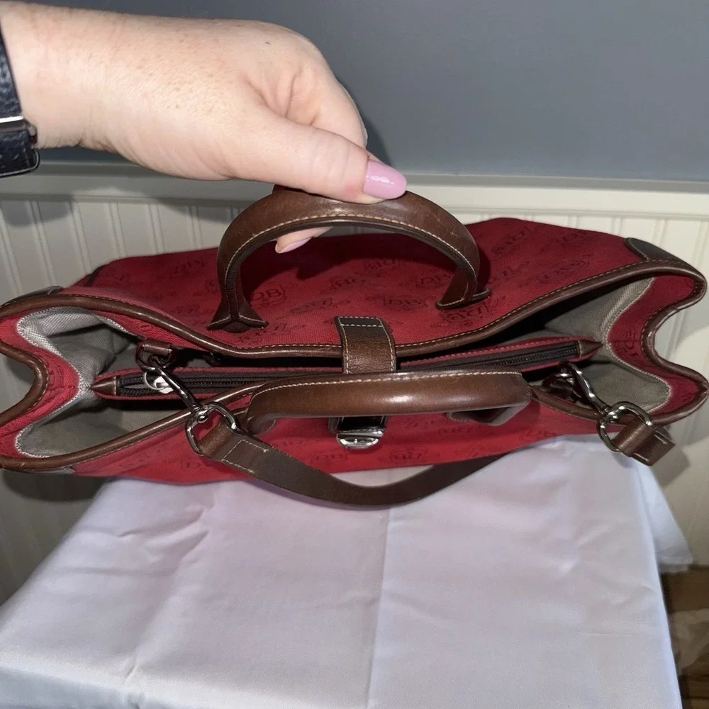 DOONEY & BOURKE Red Canvas & Brown Leather DB Signature Tote Satchel Bag Purse